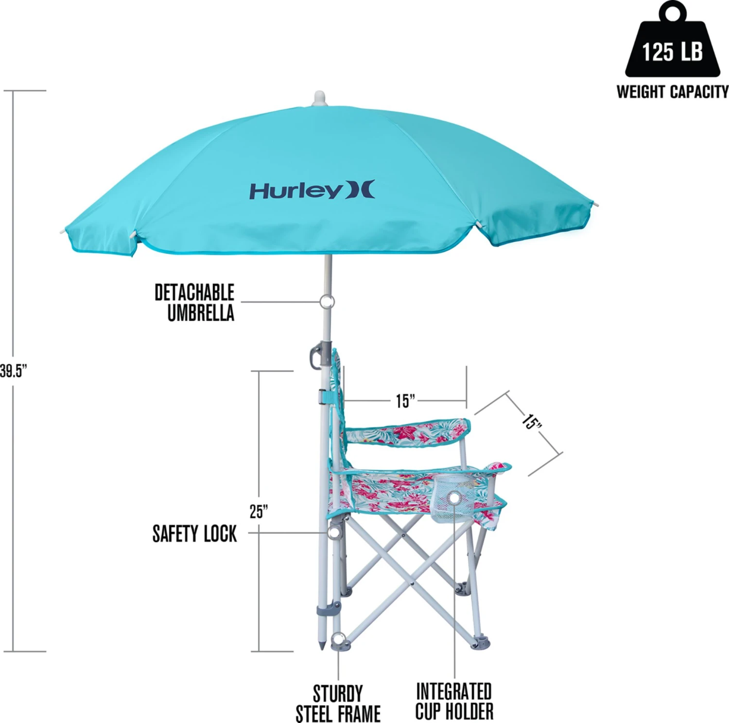 Hurley Kids' Quad Chair With Umbrella For Unisex Lily Aqua 7 Hurley Kids' Quad Chair With Umbrella For Unisex Lily Aqua - Image 5