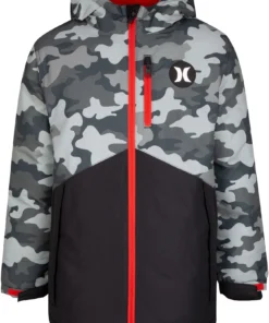 Hurley Boys' Puffer Full-Zip Parka For Boys' Dark Grey/blk/action Red